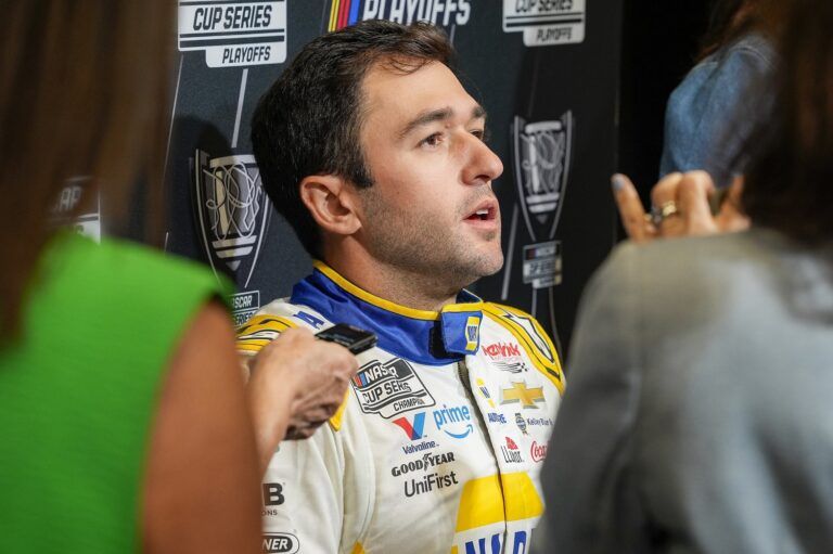 Chase Elliott answers questions from the media during NASCAR Cup Series Playoff Media Day at Charlotte Convention Center.