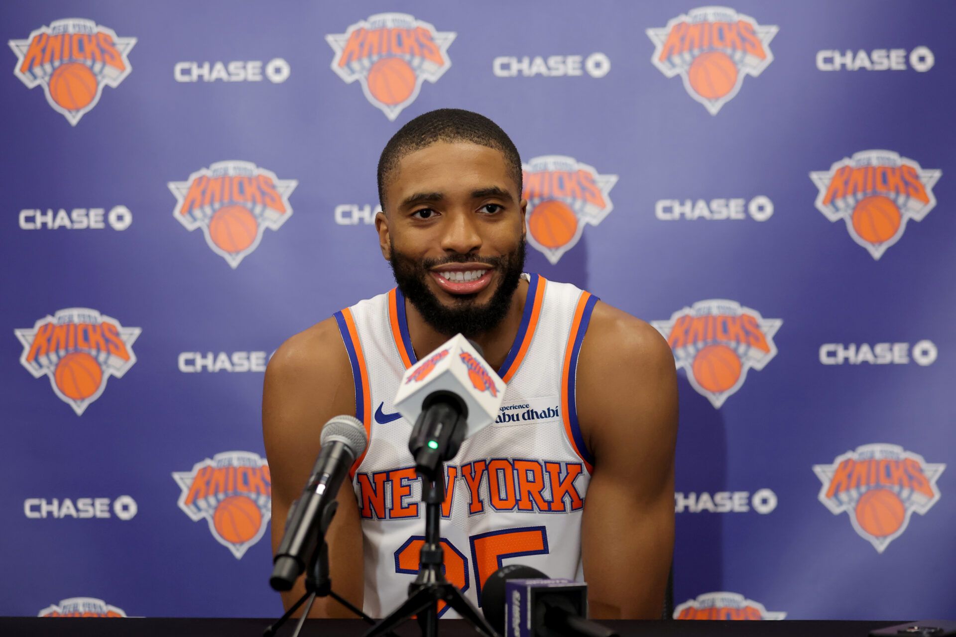 New York Knicks forward Mikal Bridges speaks to the media during a media day press conference at the Madison Square Garden training center.