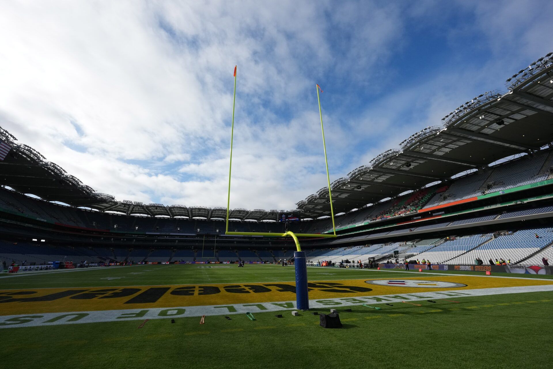 A general overall view of the goal posts during an NFL International Series game at Croke Park.