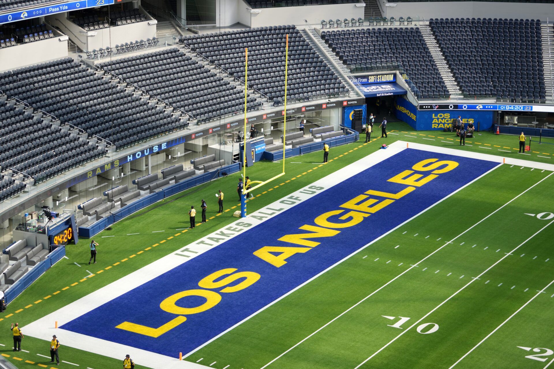 The Los Angeles Rams logo in the end zone at SoFi Stadium.