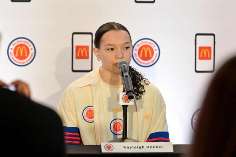 McDonald's All American East guard Kayleigh Heckel speaks during a press conference at JW Marriott Houston by The Galleria.
