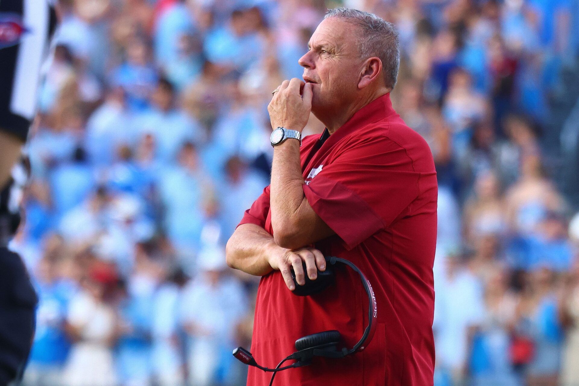 Arkansas Razorback head coach Sam Pittman looks on during the first quarter against the Mississippi Rebels at Vaught-Hemingway Stadium.