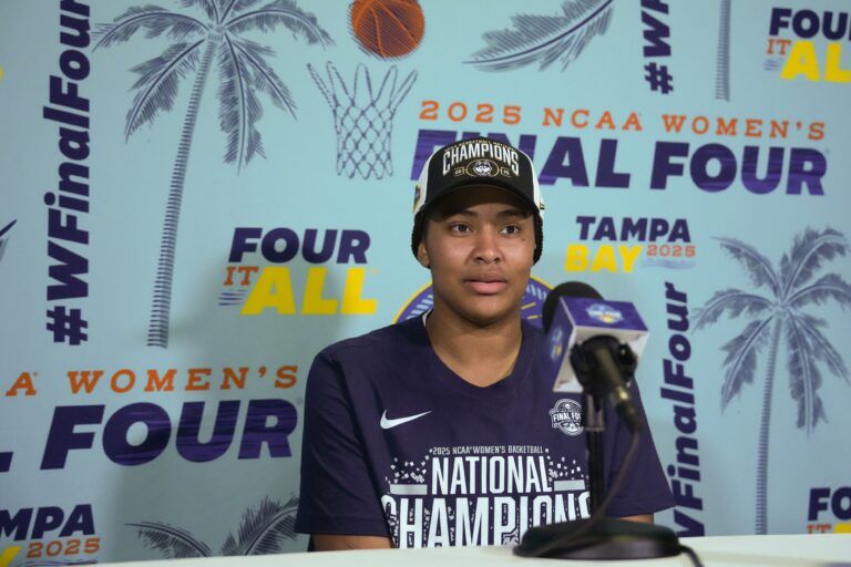 Connecticut Huskies forward Sarah Strong (21) speaks to the media after the national championship of the women's 2025 NCAA tournament against the South Carolina Gamecocks at Amalie Arena.