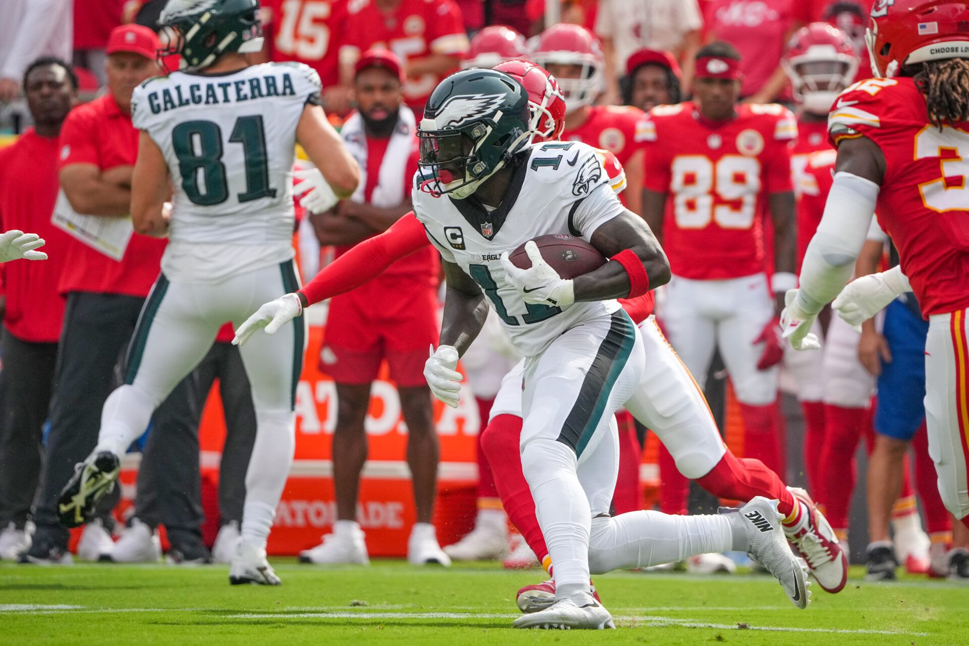 Philadelphia Eagles wide receiver A.J. Brown (11) runs the ball against the Kansas City Chiefs during the game at GEHA Field at Arrowhead Stadium.