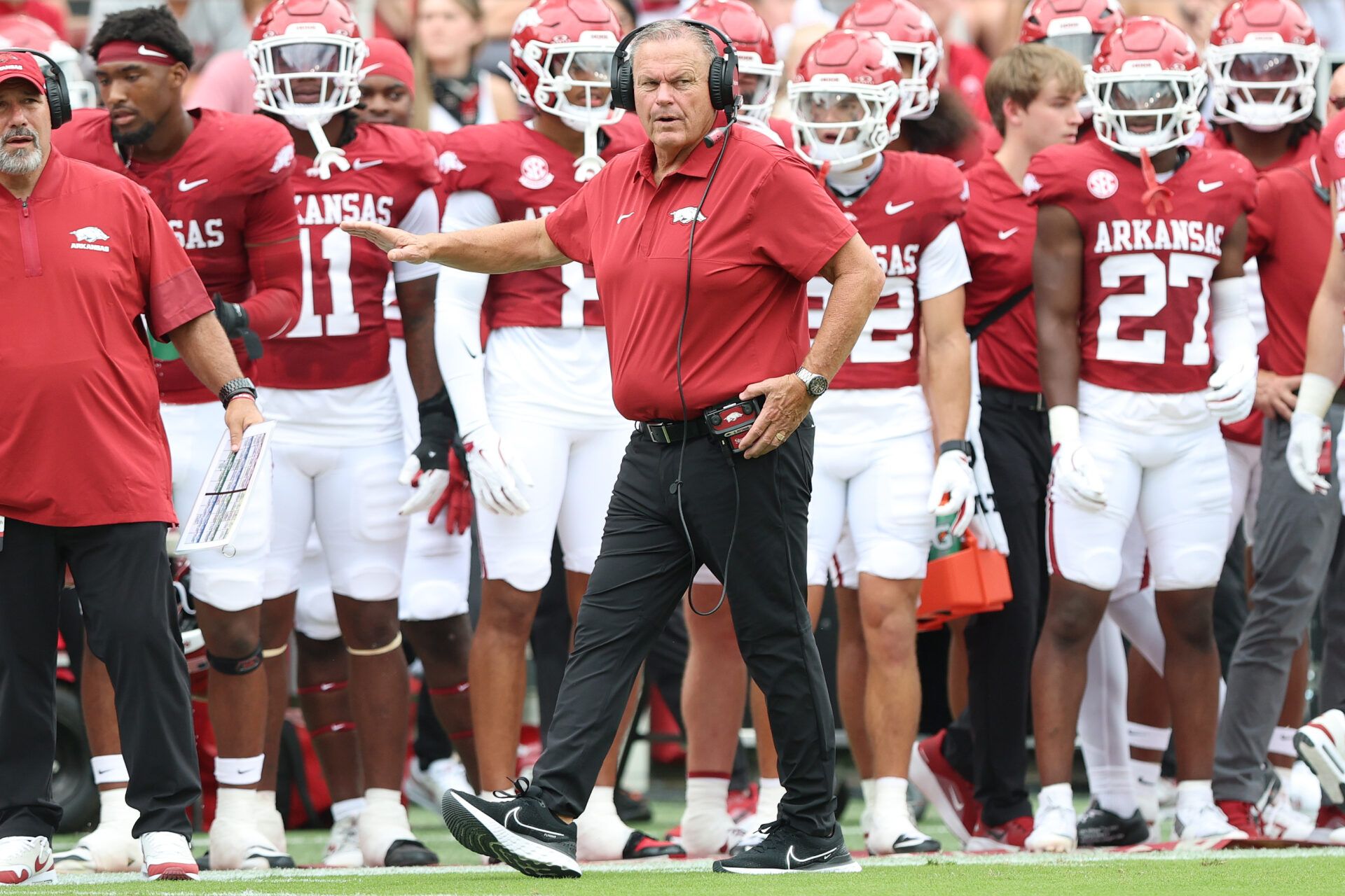 Arkansas Razorbacks head coach Sam Pittman during the second quarter against the Alabama A&M Bulldogs at Donald W. Reynolds Razorback Stadium.