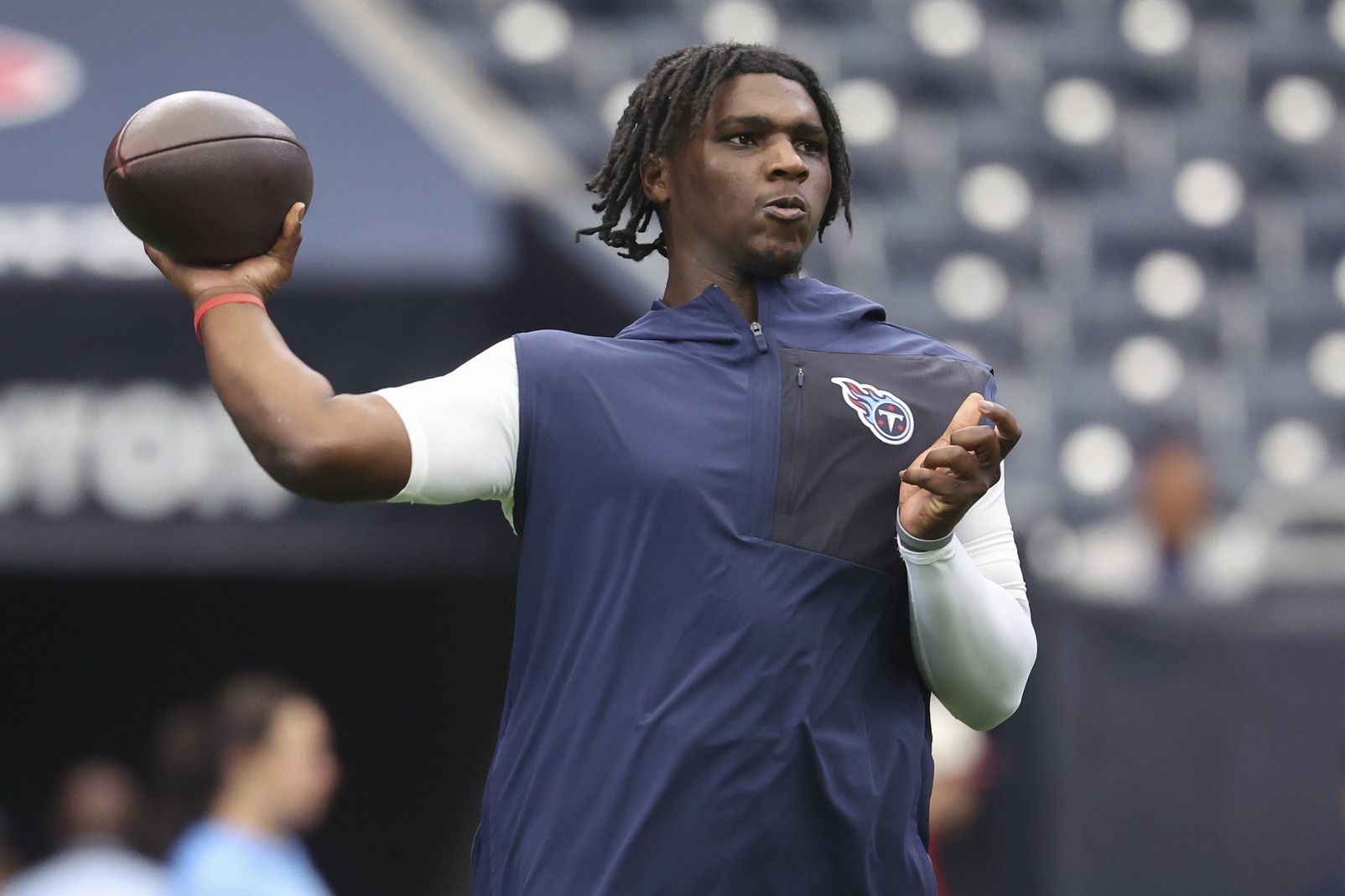 Tennessee Titans quarterback Cam Ward (1) warms up before the game against the Houston Texans at NRG Stadium.