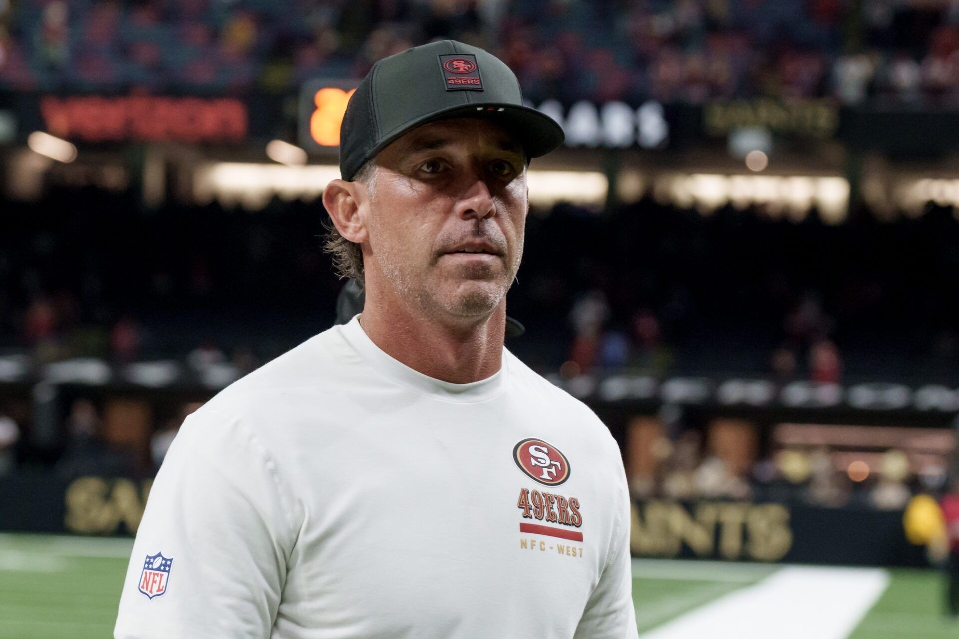 San Francisco 49ers head coach Kyle Shanahan leaves the field at the end of game against the New Orleans Saints at Caesars Superdome.