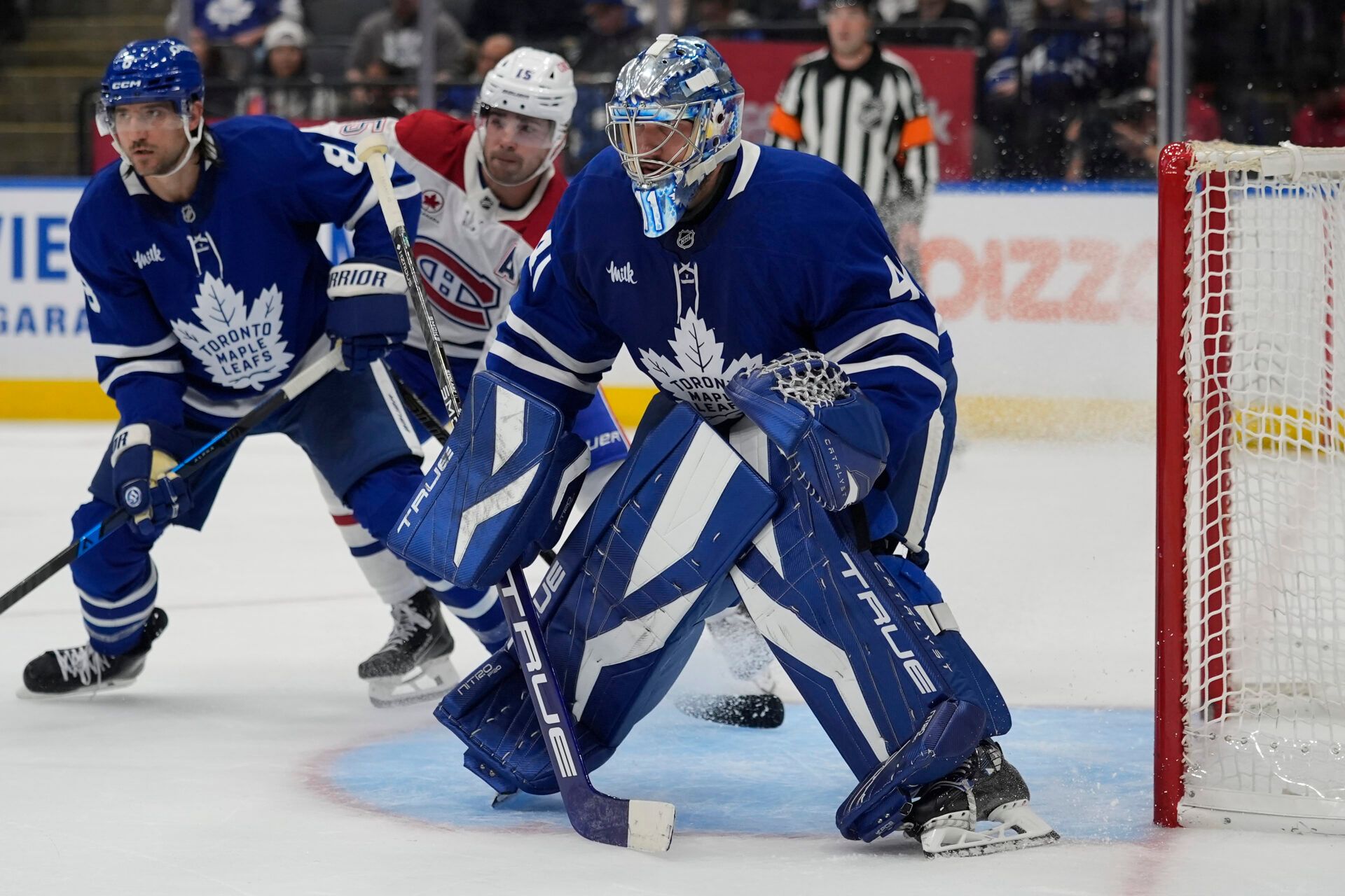 Toronto Maple Leafs goaltender Anthony Stolarz (41) defends the goal against the Montreal Canadiens during the second period at Scotiabank Arena.