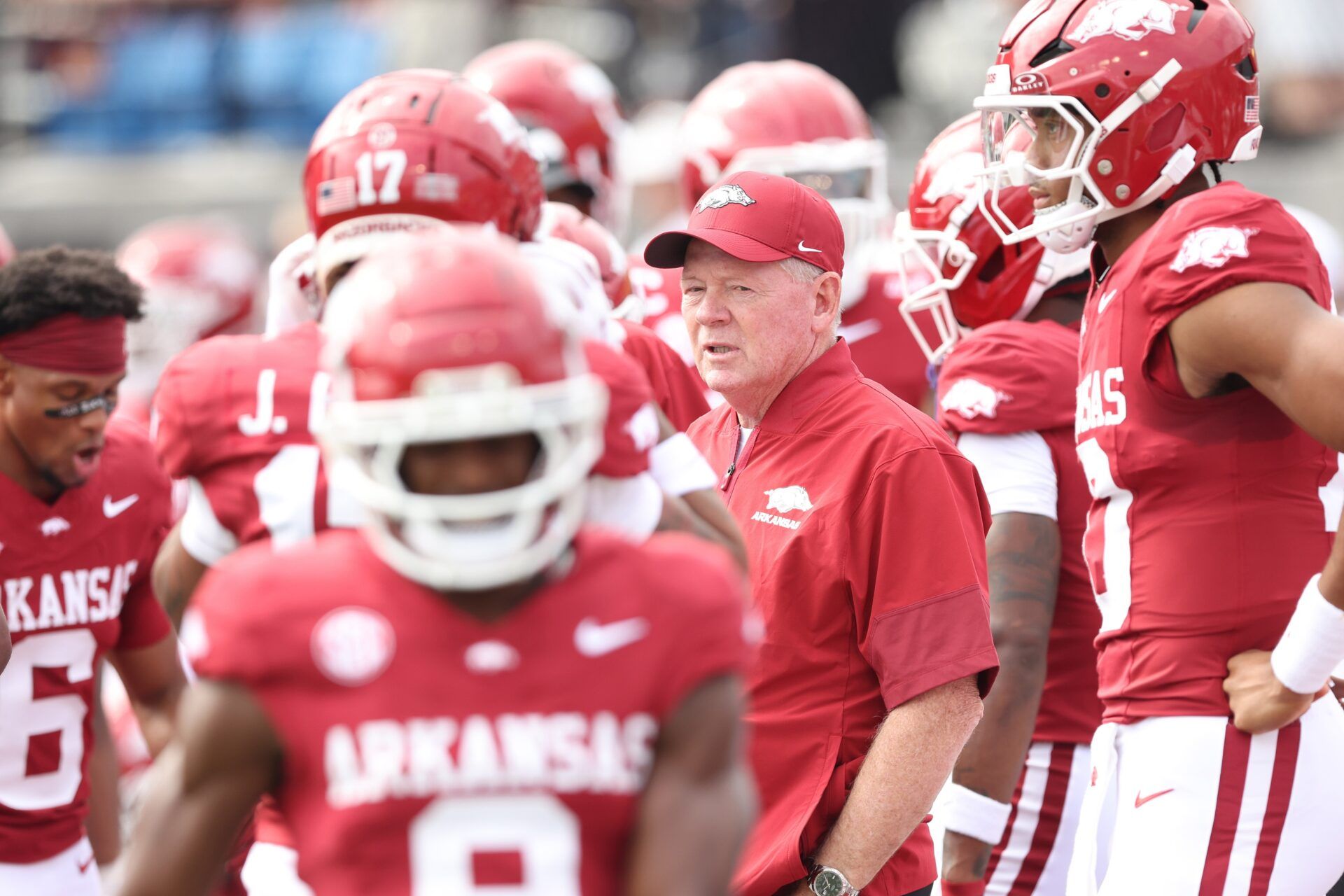 Arkansas Razorbacks offensive coordinator Bobby Petrino prior tot he game against the Arkansas State Red Wolves at War Memorial Stadium.