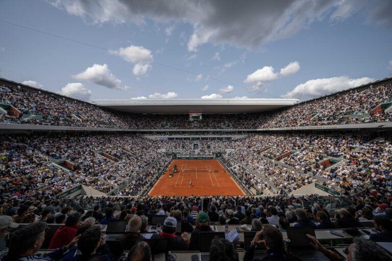 General view of Court Philippe Chatrier for the Jannik Sinner of Italy and Carlos Alcaraz of Spain mens singles final match on day 15 at Roland Garros Stadium.