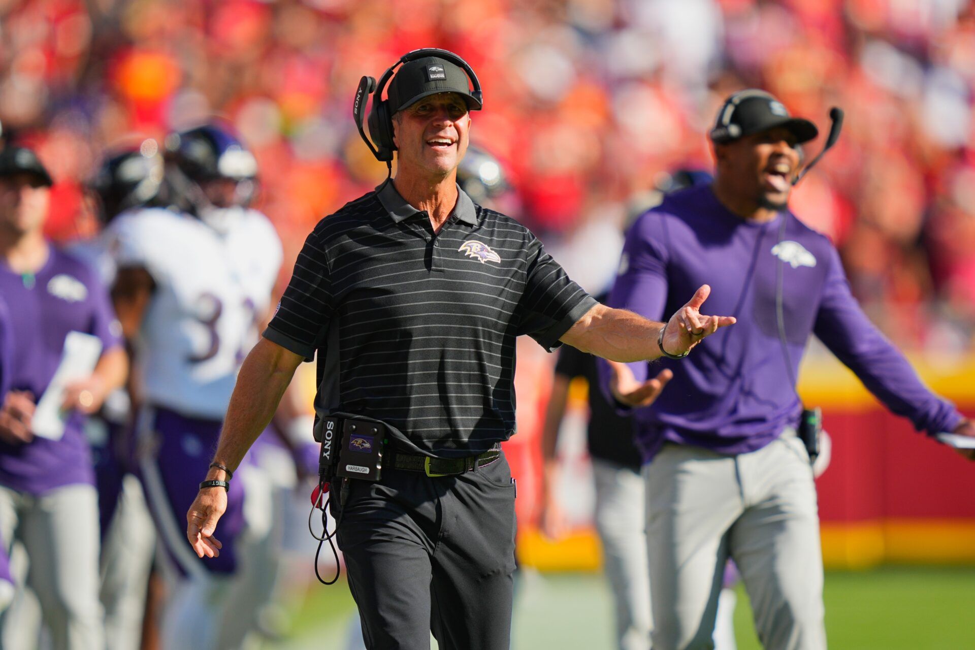 Baltimore Ravens Head Coach John Harbaugh reacts during the first half against the Kansas City Chiefs at GEHA Field at Arrowhead Stadium.