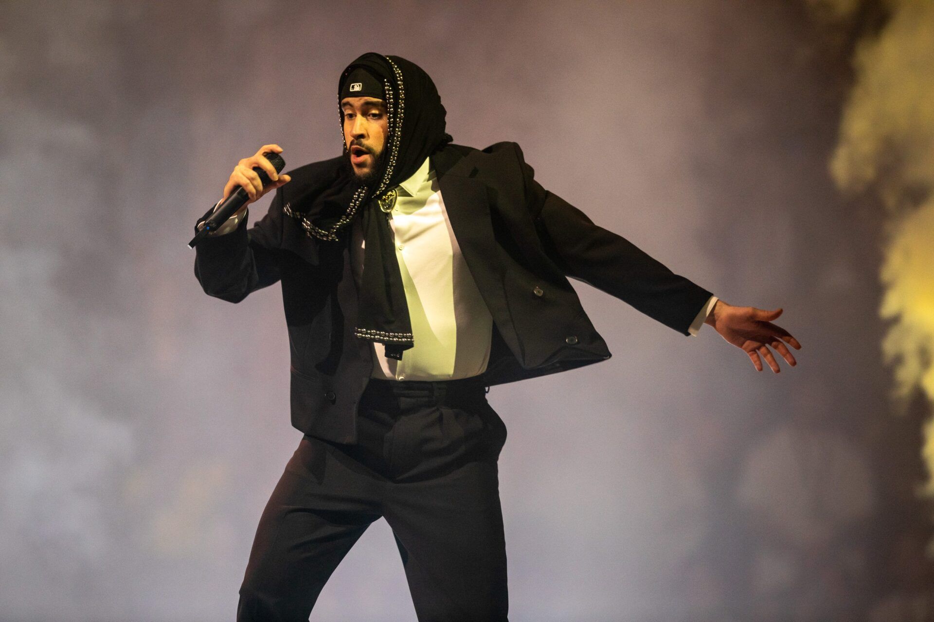 Bad Bunny performs onstage during his Most Wanted Tour at Little Caesars Arena in Detroit on Saturday, April 6, 2024.