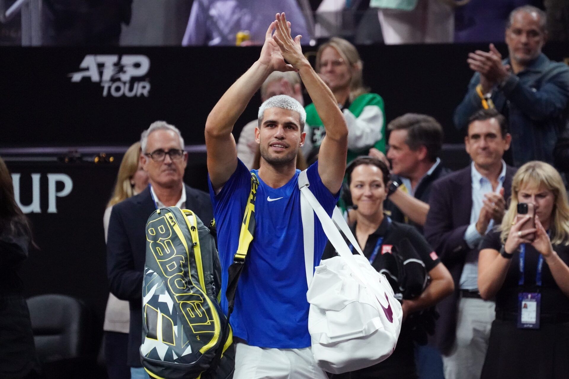 Team Europe player Carlos Alcaraz waves to the crowd after his loss to Team World player Taylor Fritz at the Laver Cup at Chase Center.