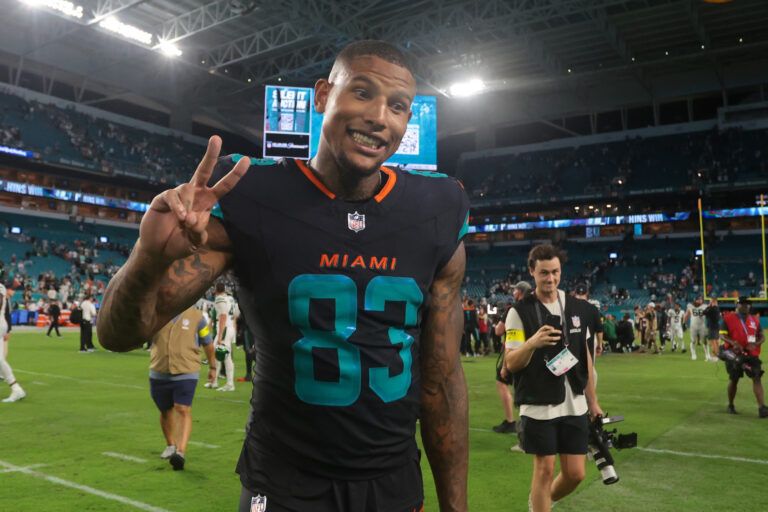 Miami Dolphins tight end Darren Waller (83) reacts after the game against the New York Jets at Hard Rock Stadium.