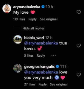 Screengrab of Aryna Sabalenka and Georgios Frangulis' comment on Instagram (@georgiosfrangulis)