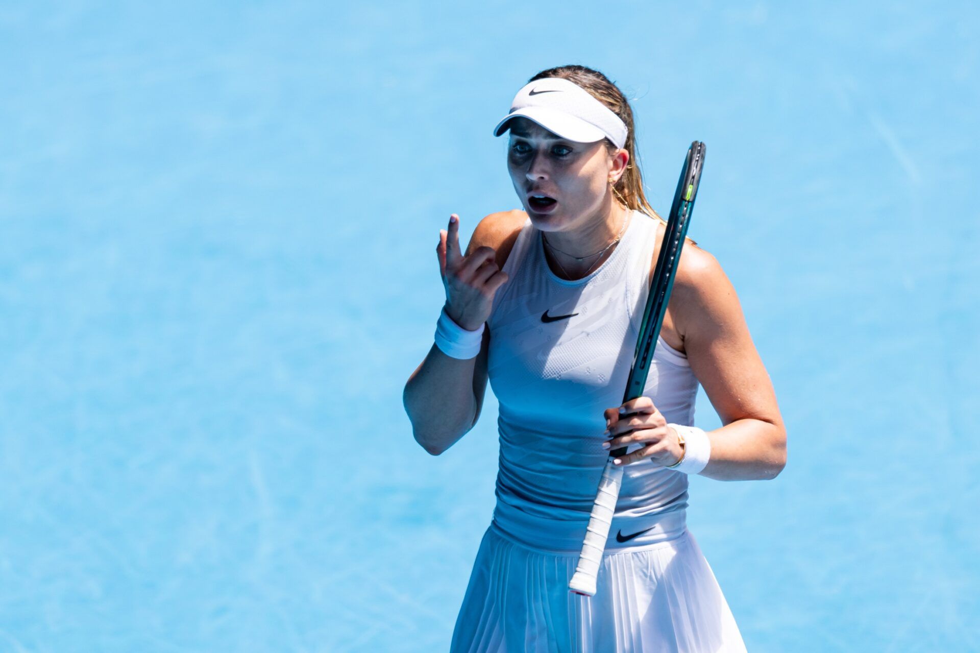Melbourne, Victoria, Australia; Paula Badosa of Spain gestures during her match against Coco Gauff of United States of America in the quarterfinals of the women's singles at the 2025 Australian Open at Melbourne Park.