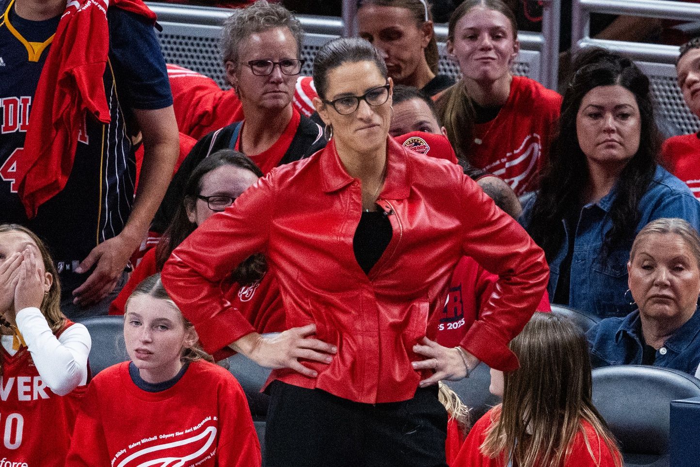 Indiana Fever head coach Stephanie White in the second half during game four against the Las Vegas Aces of the second round for the 2025 WNBA Playoffs at Gainbridge Fieldhouse.