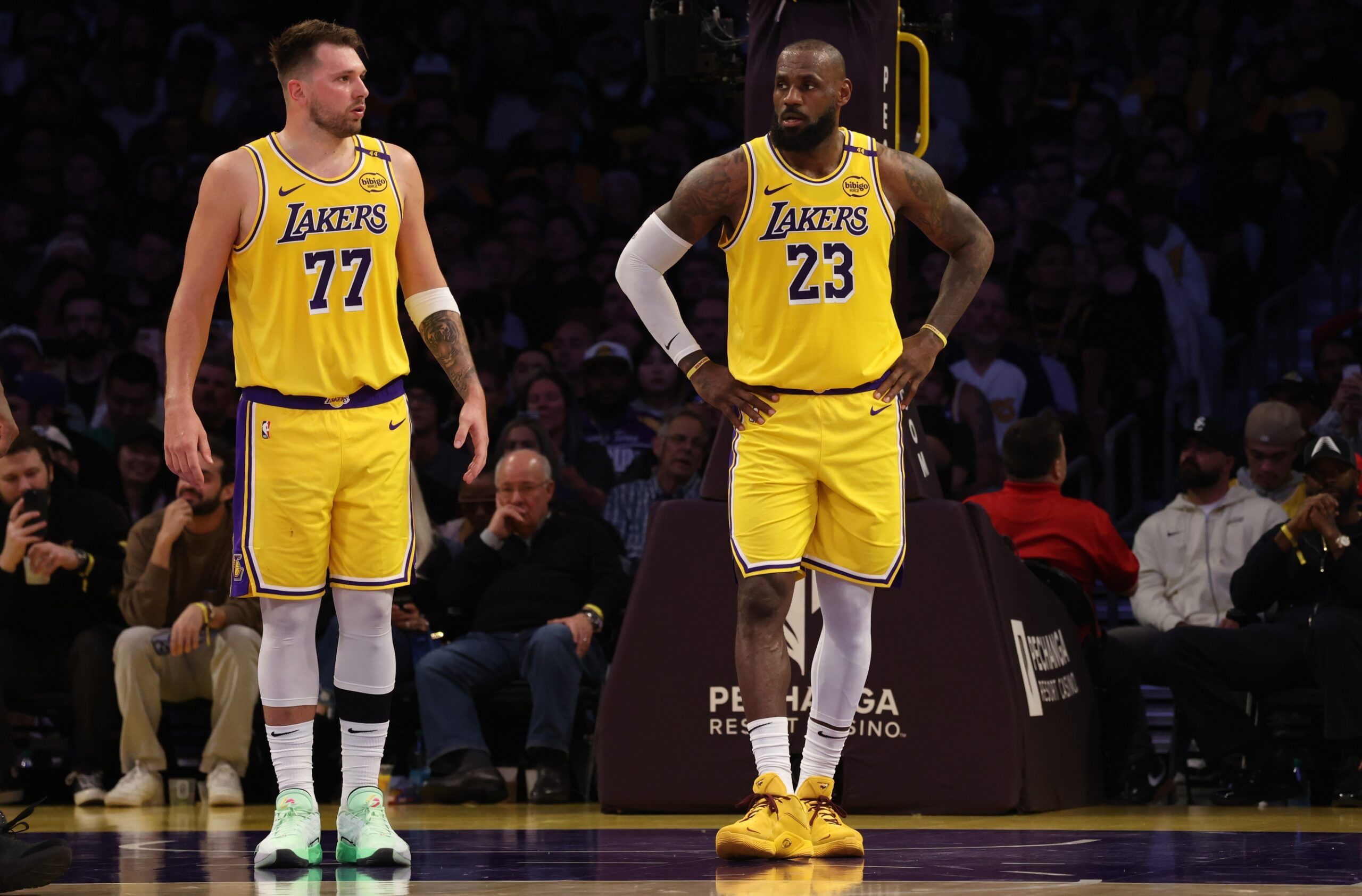 Framed Luka Doncic & LeBron James Lakers Dual Signature Basketball Photo - 11x14 HOFSM Holo Display