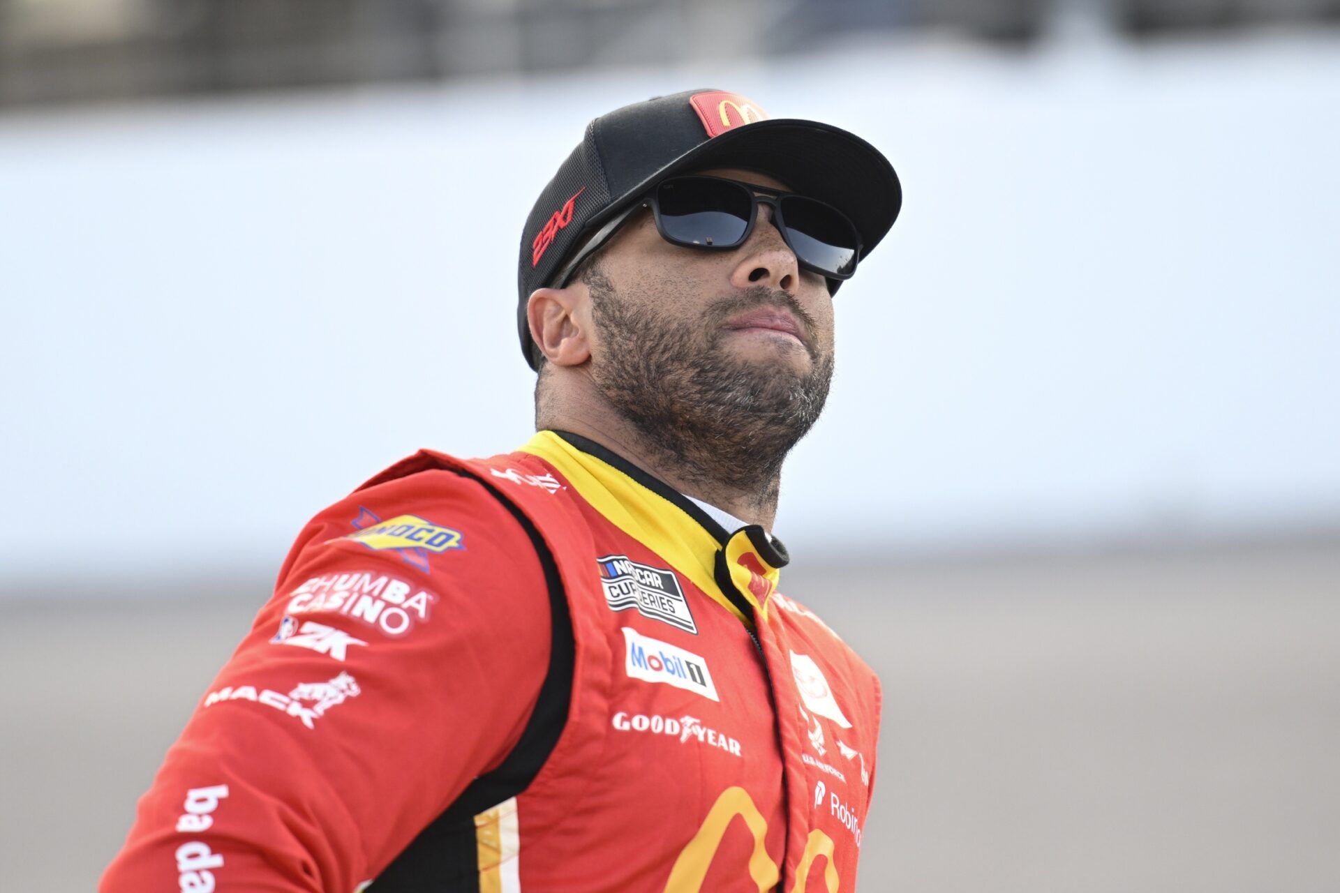 NASCAR Cup Series driver Bubba Wallace (23) looks on during practice and qualifying for the Enjoy Illinois 300 at World Wide Technology Raceway.