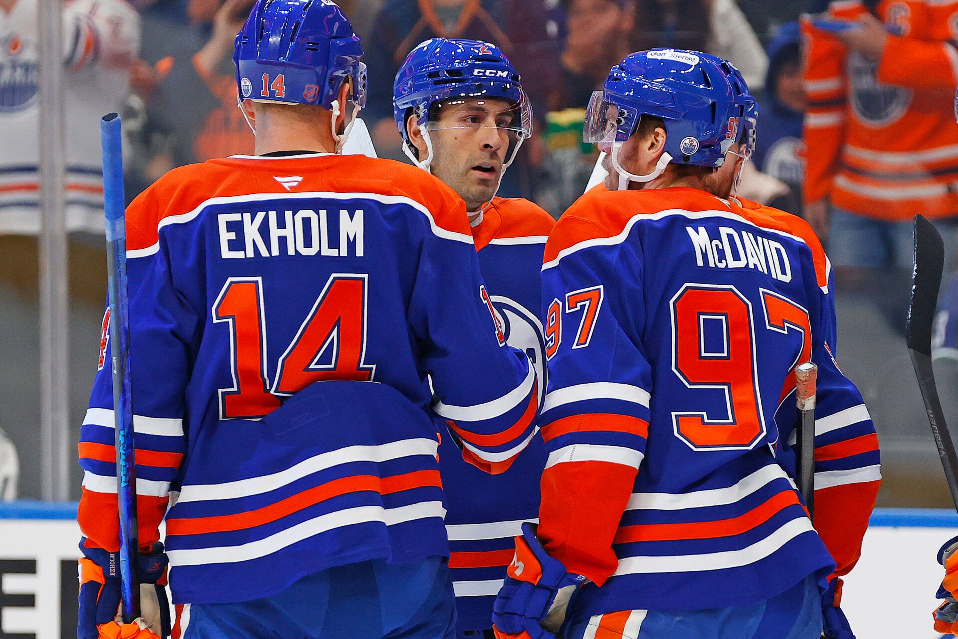 The Edmonton Oilers celebrate a goal scored by forward Connor McDavid (97) during the first period against the Vancouver Canucks at Rogers Place.