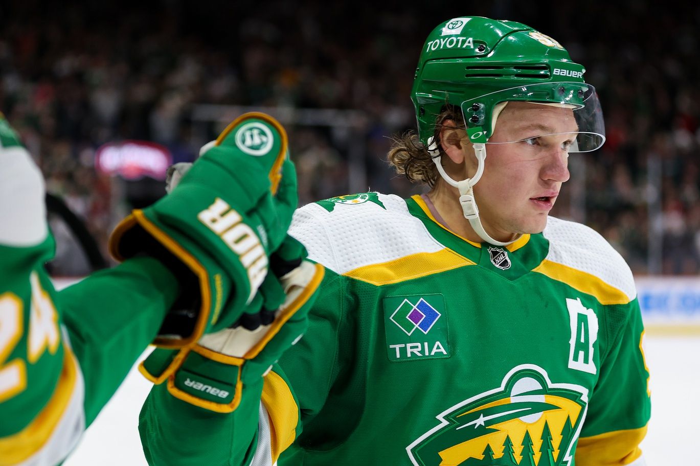 Minnesota Wild left wing Kirill Kaprizov (97) celebrates his power play goal against the Vegas Golden Knights during the second period at Xcel Energy Center.