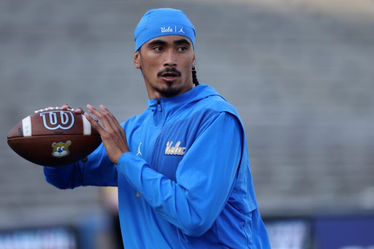 UCLA Bruins quarterback Nico Iamaleava (9) warms up before the game against the New Mexico Lobos at Rose Bowl.