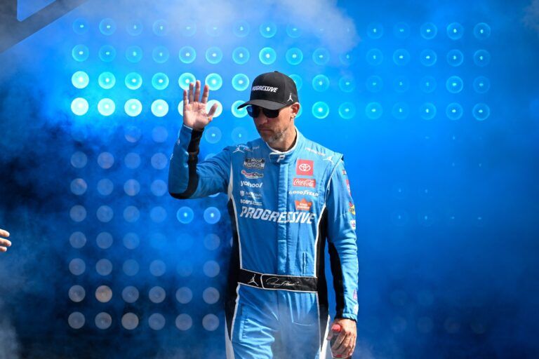 NASCAR Cup Series driver Denny Hamlin (11) is introduced before the start of the Mobil 1 301 at New Hampshire Motor Speedway.