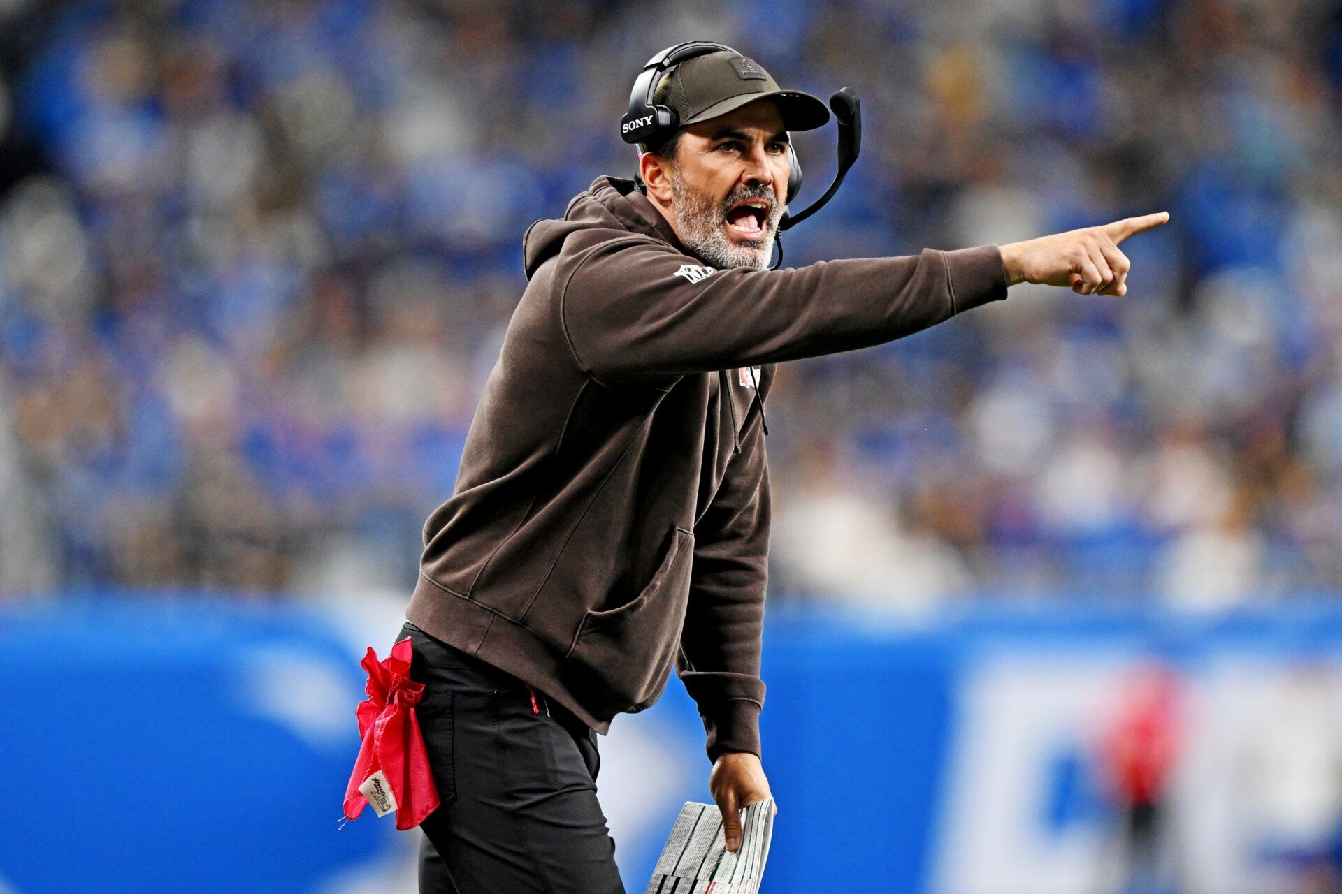 Cleveland Browns head coach Kevin Stefanski reacts after the game against the Detroit Lions at Ford Field.