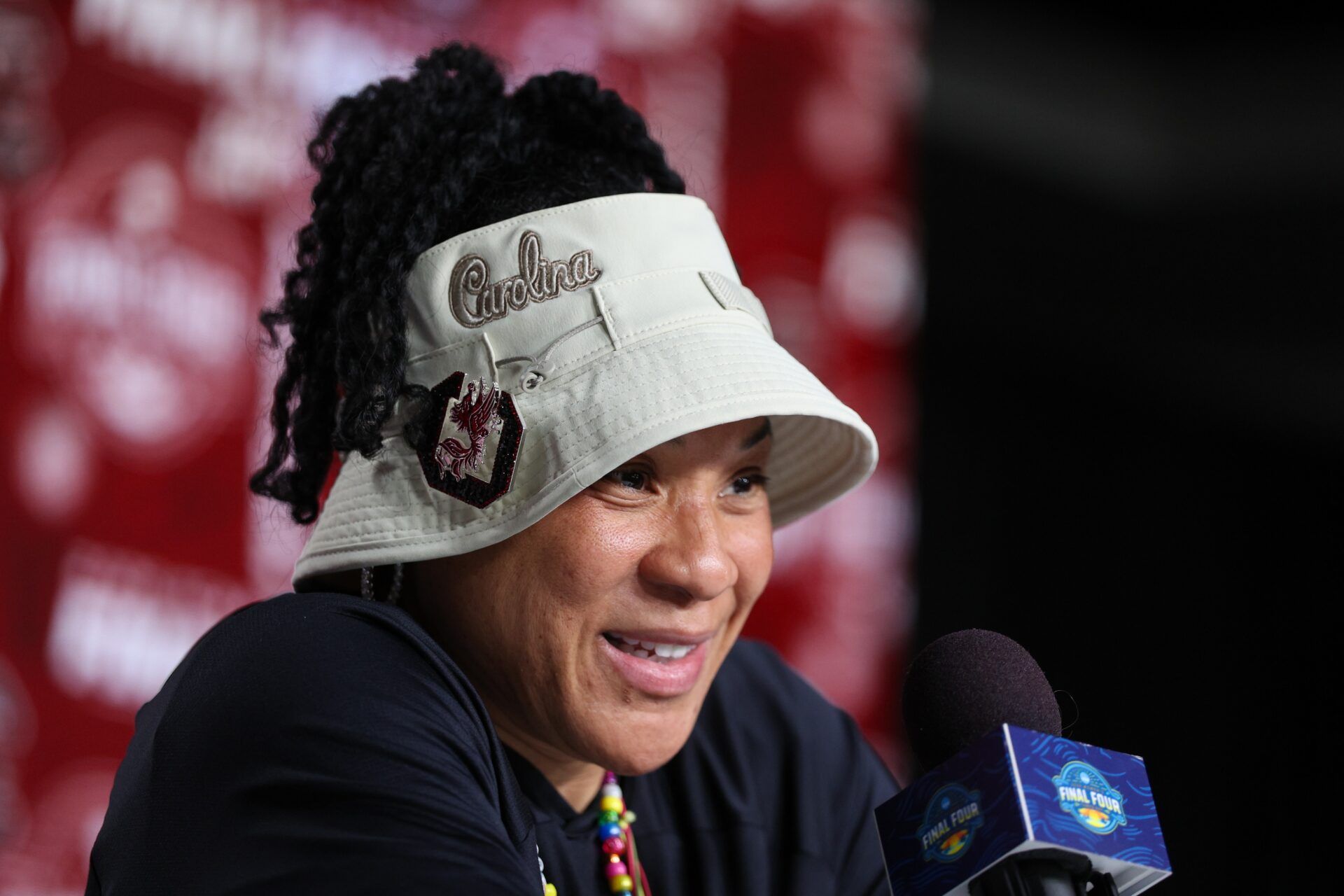 South Carolina Gamecocks head coach Dawn Staley talks to media before practice at Amalie Arena.