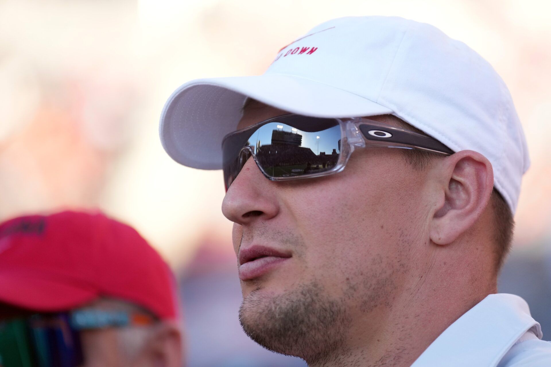 Former Arizona Wildcats and NFL tight end Rob Gronkowski looks on during the first half of the game between the Arizona Wildcats and the USC Trojans at Arizona Stadium.