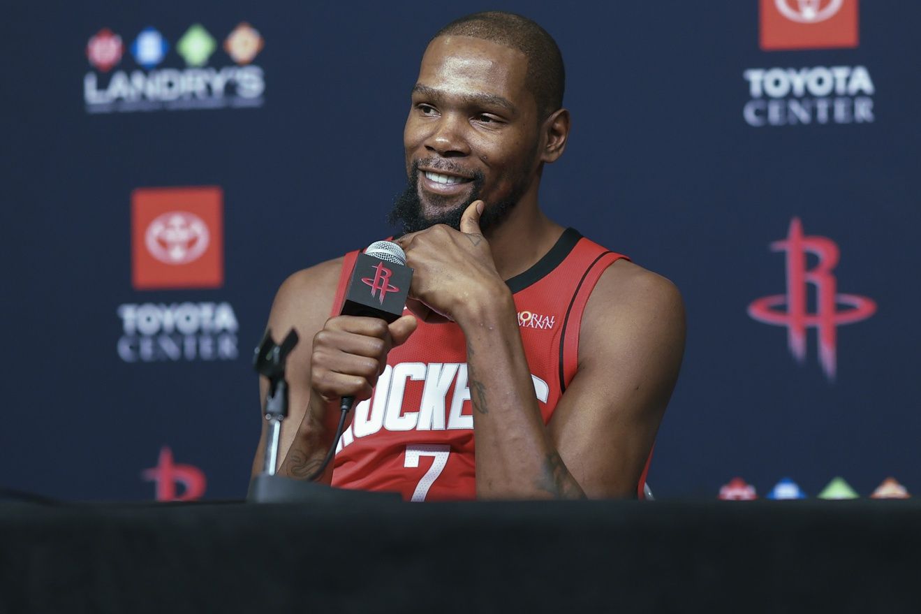 Houston Rockets forward Kevin Durant (7) talks to media during Houston Rockets media day at Toyota Center.