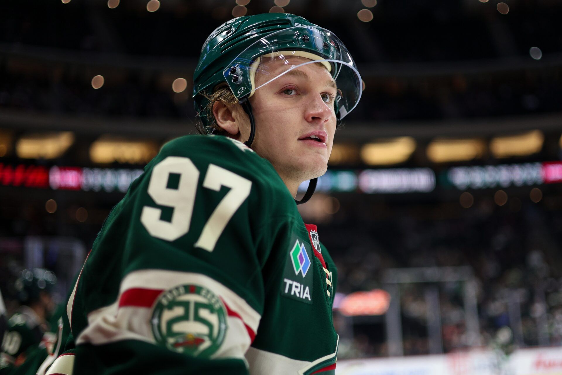 Minnesota Wild forward Kirill Kaprizov (97) looks on during the third period against the Winnipeg Jets at Grand Casino Arena.