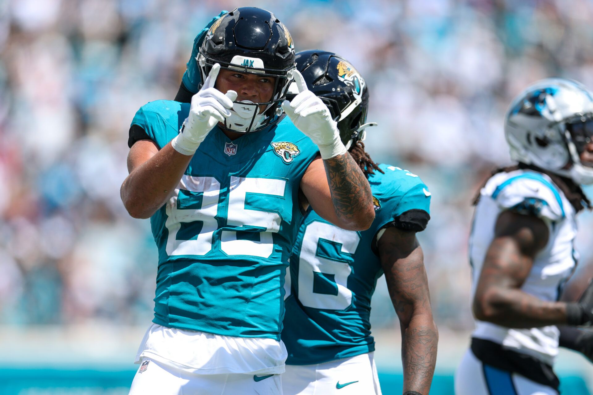 Jacksonville Jaguars tight end Brenton Strange (85) reacts after a play against the Carolina Panthers in the first quarter at EverBank Stadium.