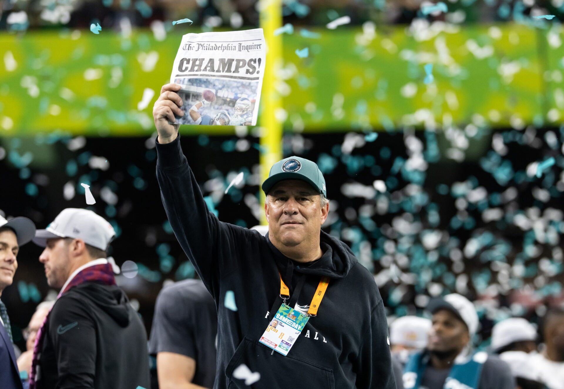 Philadelphia Eagles  defensive coordinator Vic Fangio celebrates after defeating the Kansas City Chiefs during Super Bowl LIX at Ceasars Superdome.