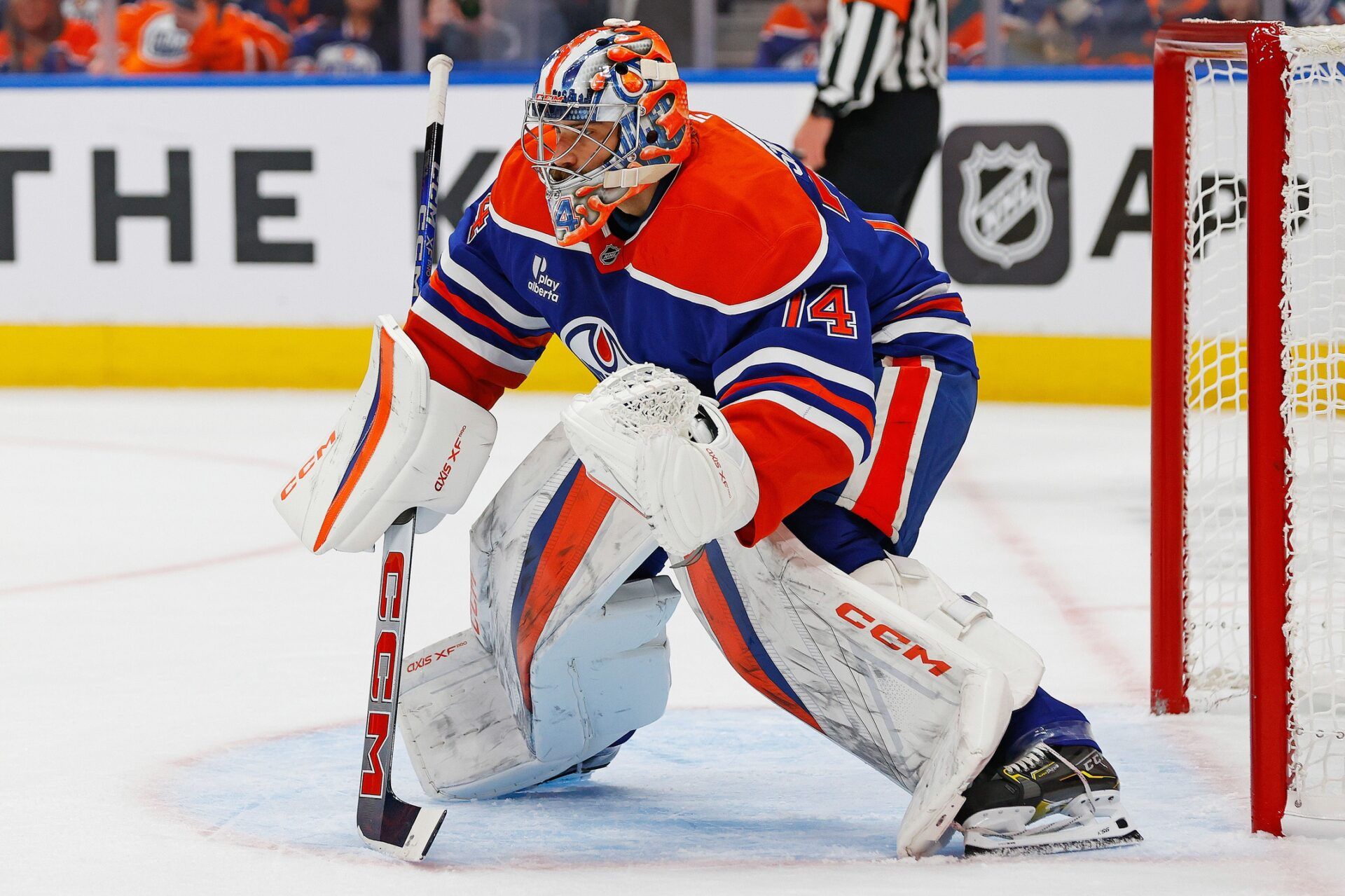 Edmonton Oilers goaltender Stuart Skinner (74) follows the play against the Seattle Kraken at Rogers Place.