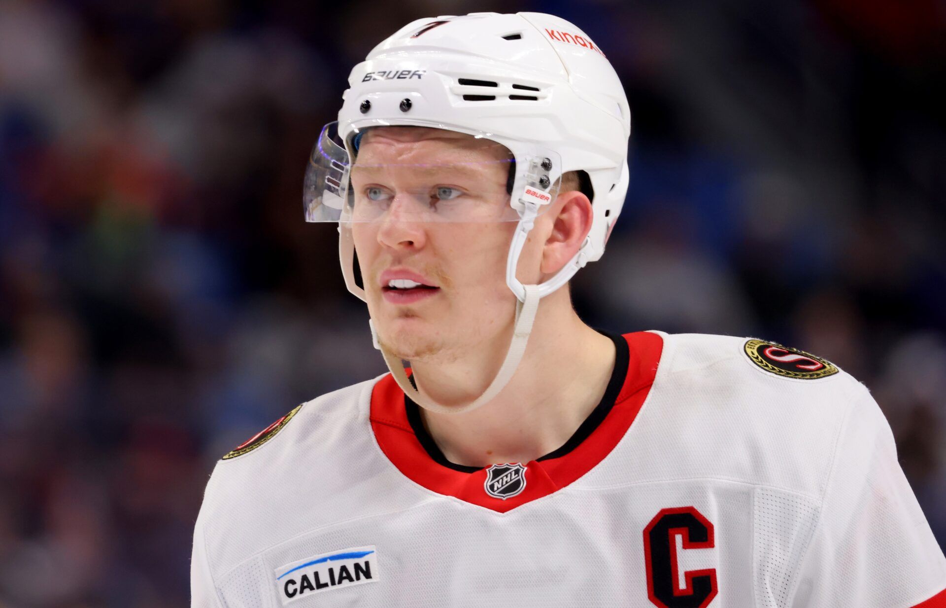 Ottawa Senators left wing Brady Tkachuk (7) during a stoppage in play against the Buffalo Sabres at KeyBank Center.
