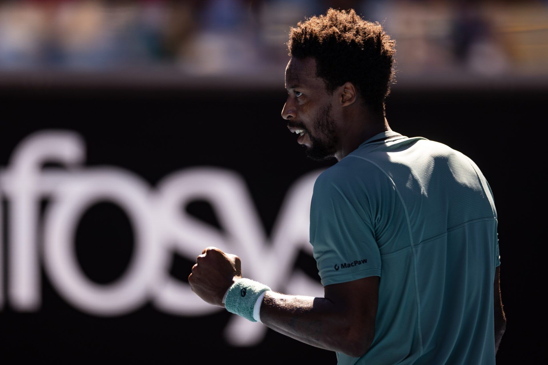 Gael Monfils of France celebrates during his match against Taylor Fritz of United States of America in the third round of the men's singles at the 2025 Australian Open at Melbourne Park.