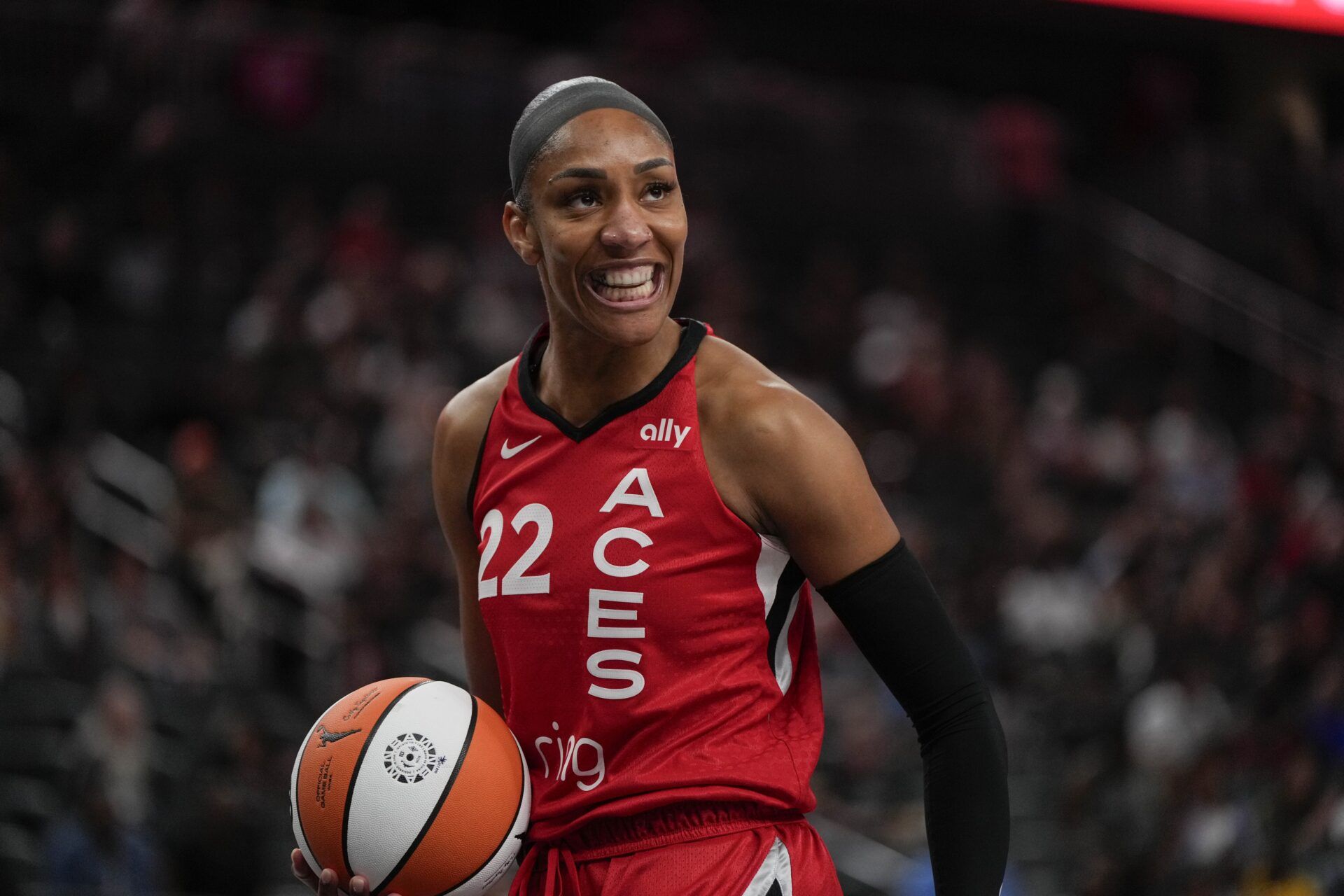 Las Vegas Aces center A'ja Wilson (22) competes against the Chicago Sky during the first half of a WNBA basketball game at T-Mobile Arena.