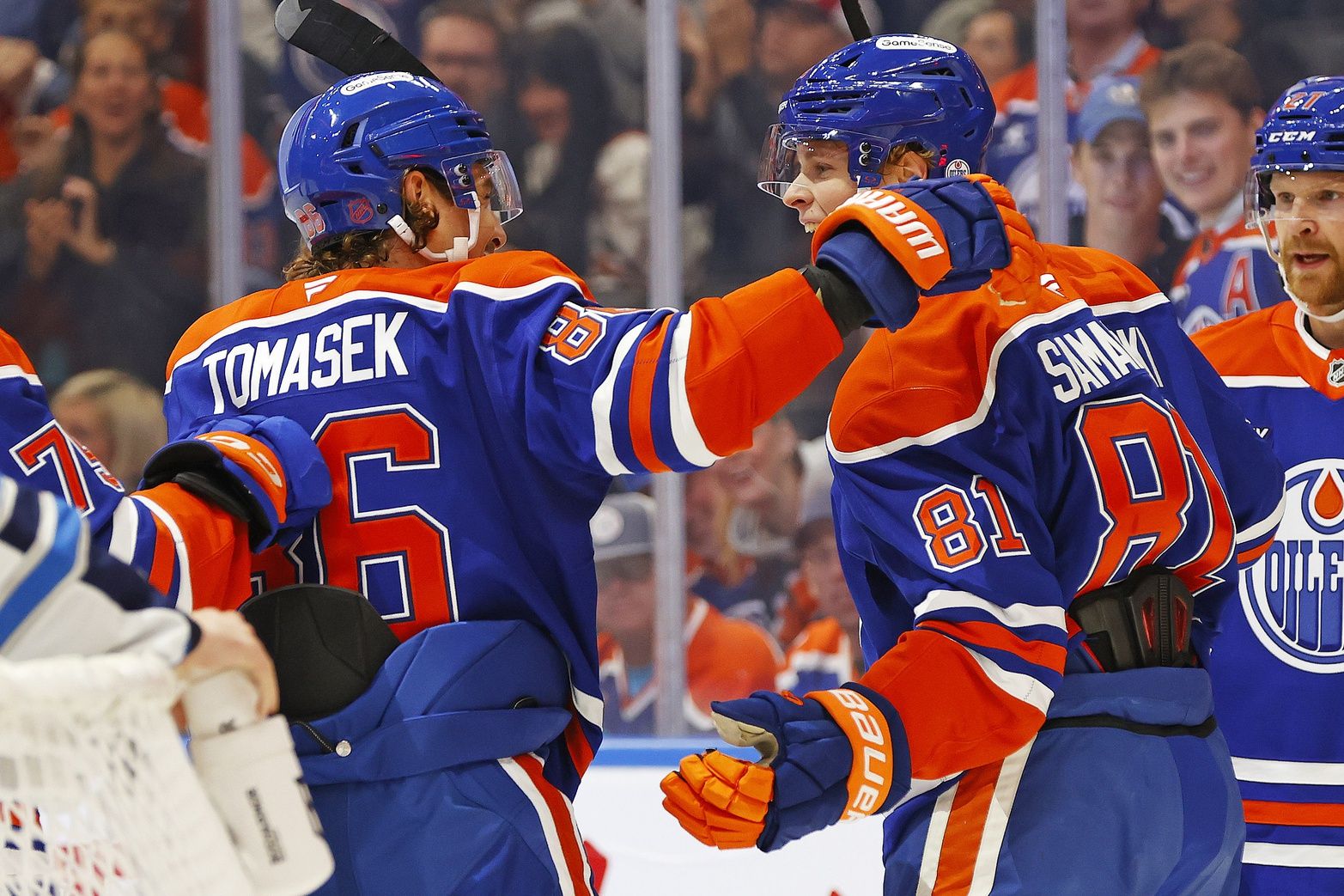 The Edmonton Oilers celebrate a goal scored by forward Josh Samanski (81) during the first period against the Winnipeg Jets at Rogers Place.