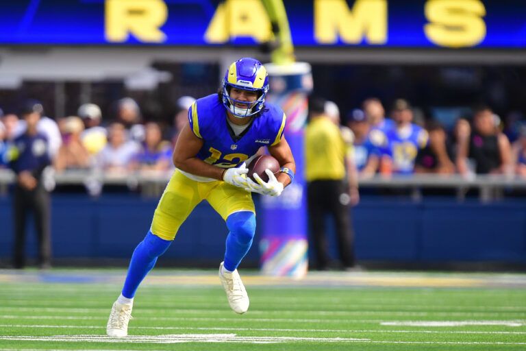 Los Angeles Rams wide receiver Puka Nacua (12) runs the ball against the Indianapolis Colts during the second half at SoFi Stadium.