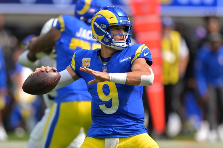 Los Angeles Rams quarterback Matthew Stafford (9) sets to pass in the first half against the Indianapolis Colts at SoFi Stadium.