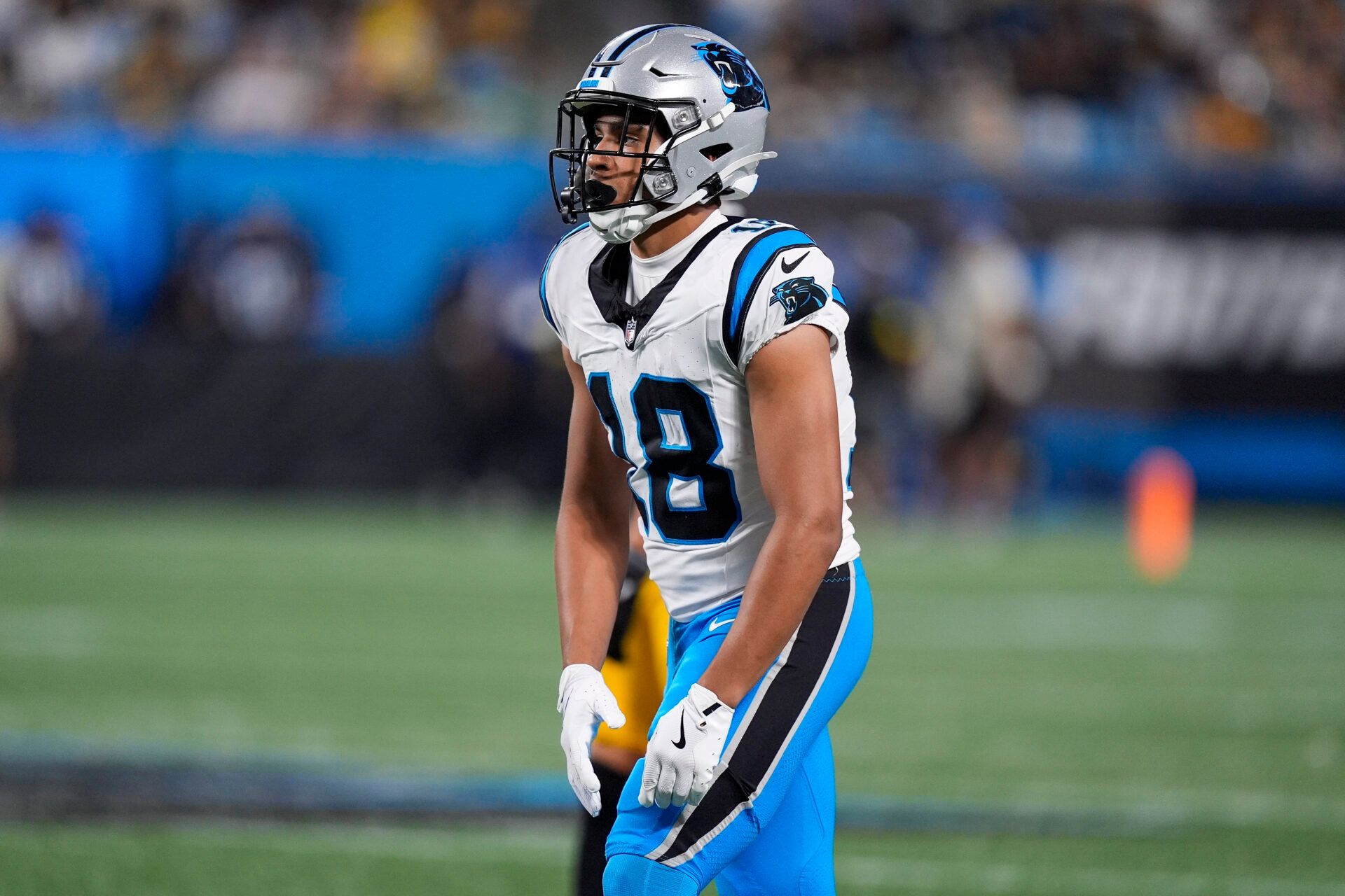 Carolina Panthers wide receiver Jalen Coker (18) during the second half against the Pittsburgh Steelers at Bank of America Stadium.