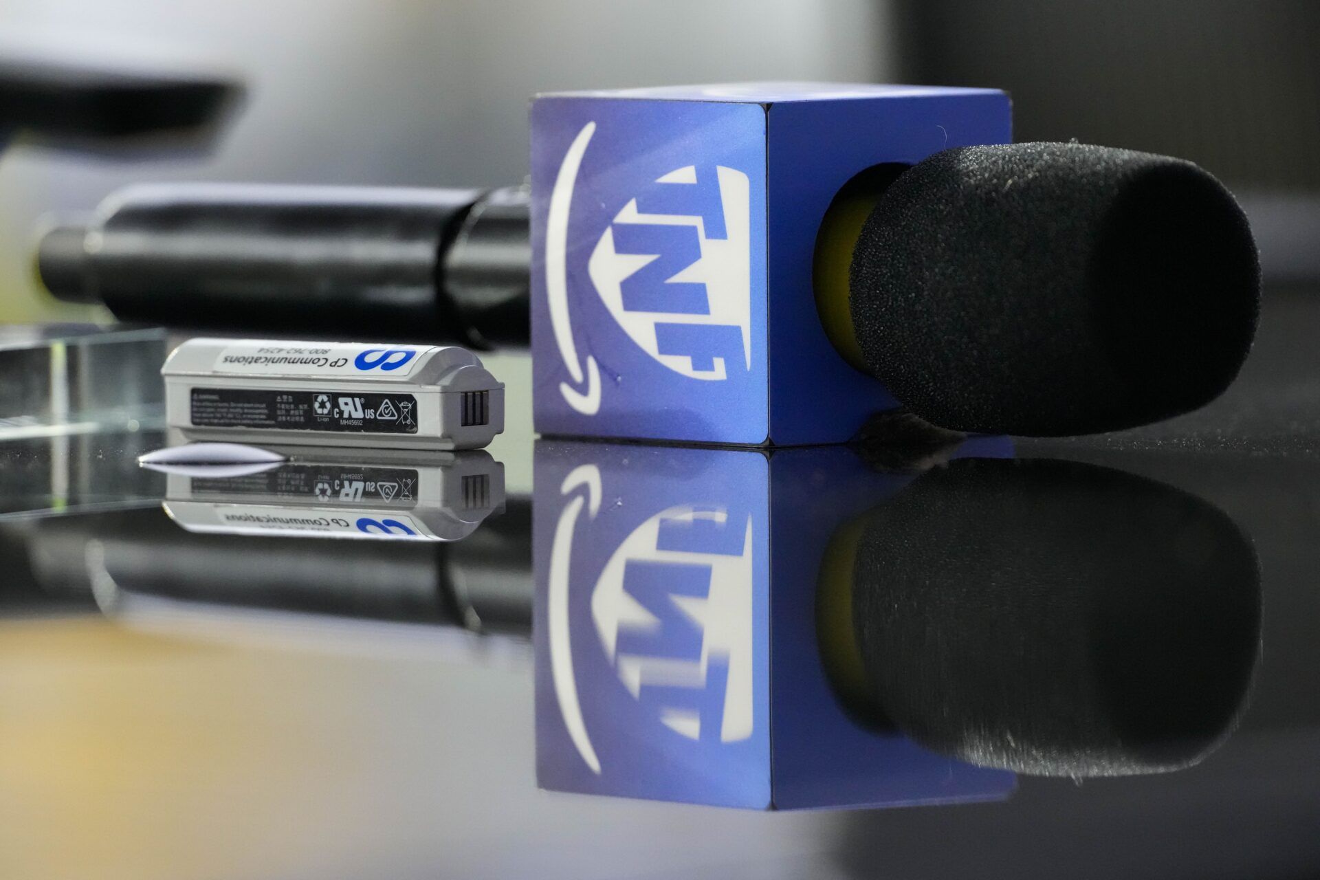 General view of the Amazon Prime Thursday Night Football logo on a microphone prior to the game between the Washington Commanders and Green Bay Packers at Lambeau Field.