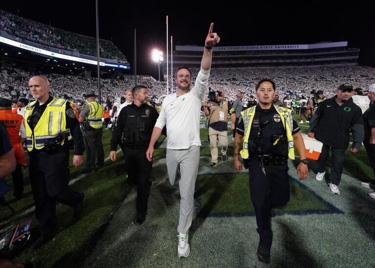 Oregon Ducks head coach Dan Lanning reacts after defeating the Penn State Nittany Lions at Beaver Stadium.