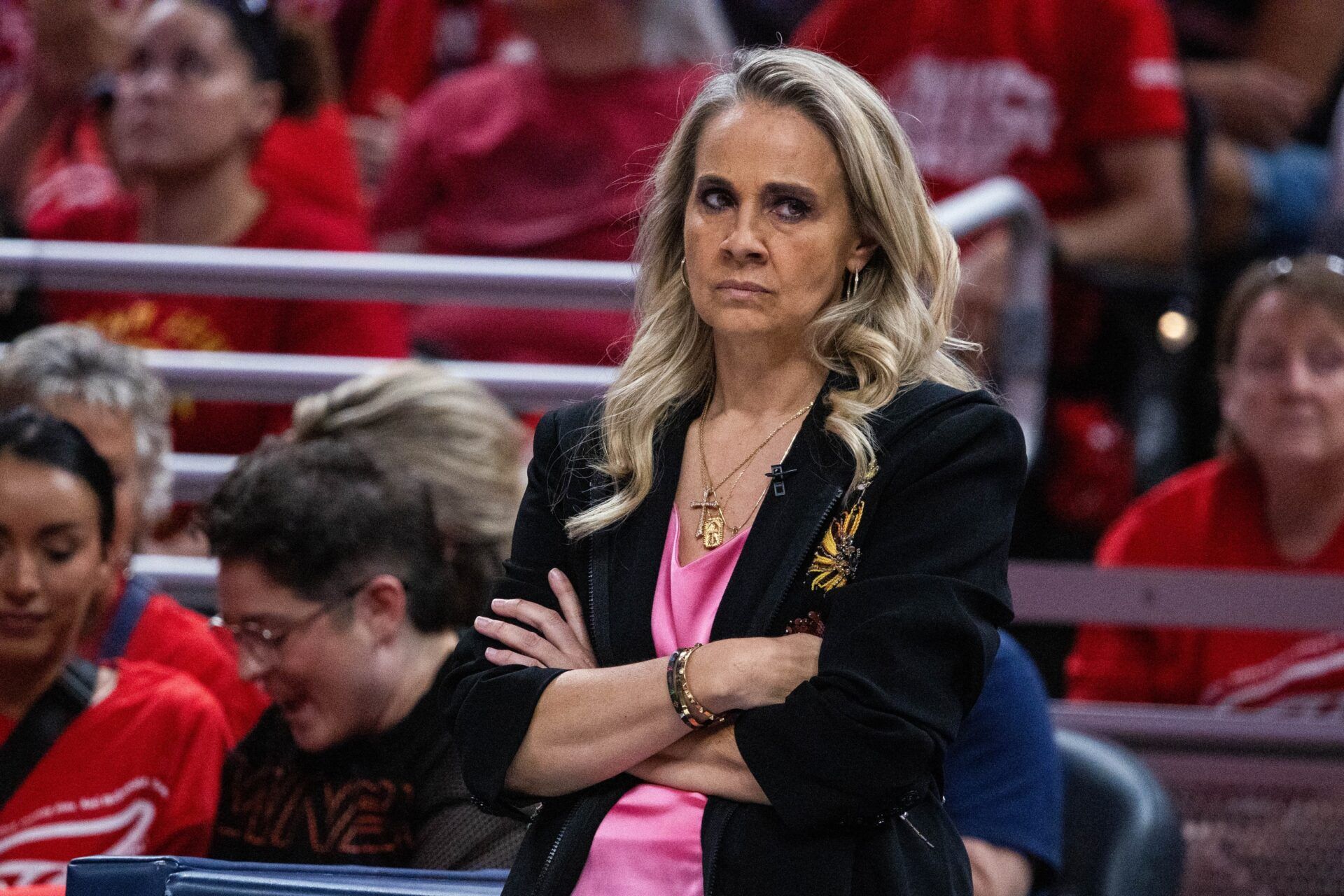 Las Vegas Aces head coach Becky Hammon in the second half during game four against the Indiana Fever of the second round for the 2025 WNBA Playoffs at Gainbridge Fieldhouse.