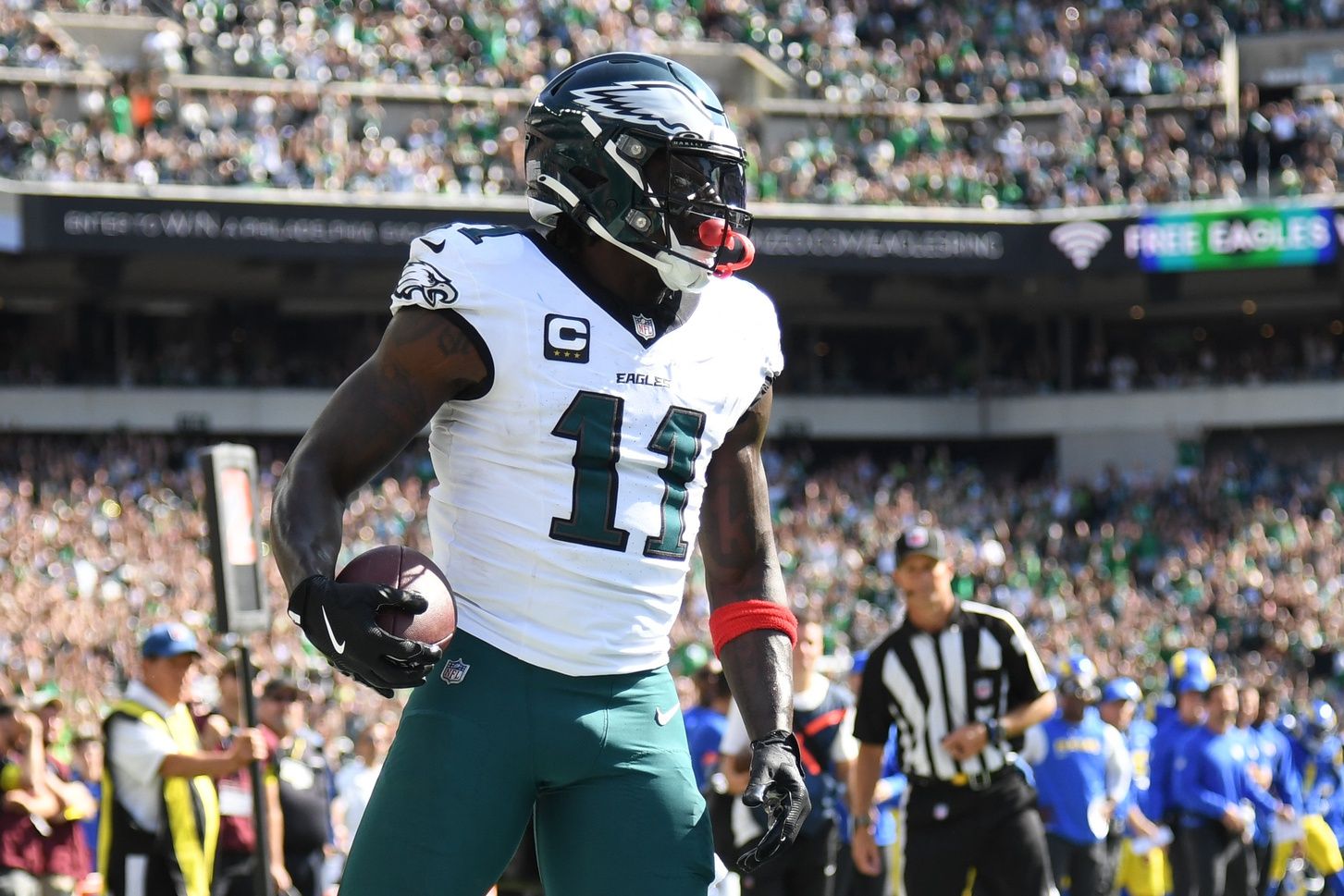Philadelphia Eagles wide receiver AJ. Brown (11) reacts after a touchdown against the Los Angeles Rams during the second half at Lincoln Financial Field.
