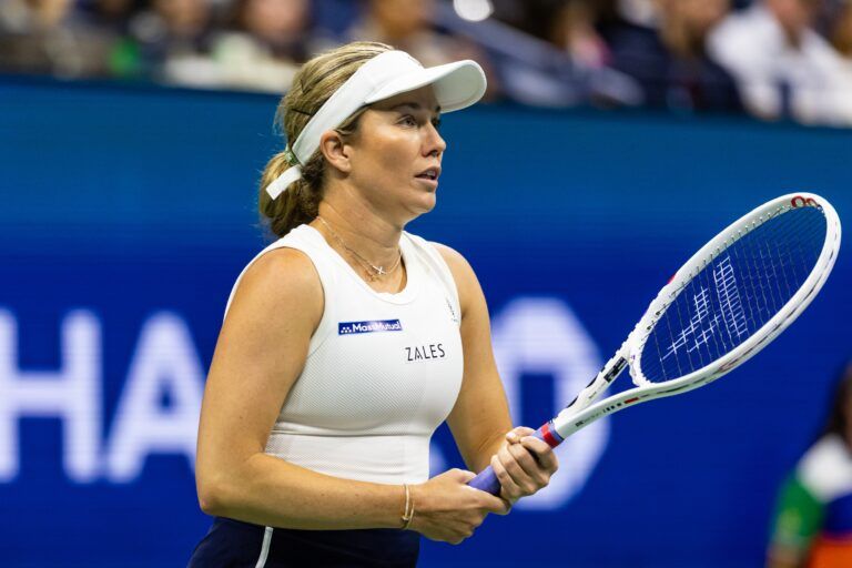 Danielle Collins of the United States and Christian Harrison of the United States in action against Sara Errani of Italy and Andrea Vavassori of Italy in the semi-final of the mixed doubles tournament at the US Open at Arthur Ashe Stadium.