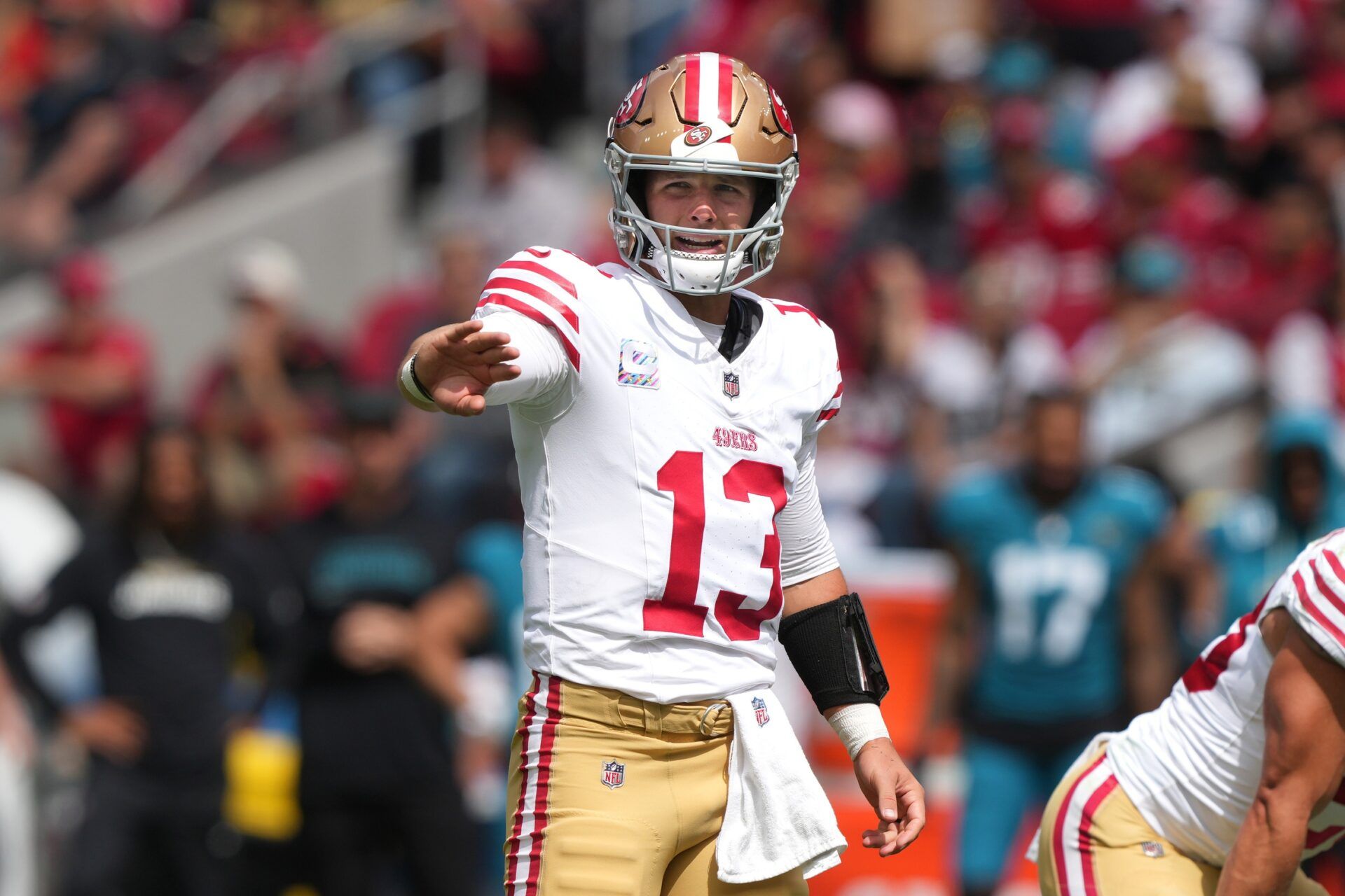 San Francisco 49ers quarterback Brock Purdy (13) gestures during the first quarter against the Jacksonville Jaguars at Levi's Stadium.