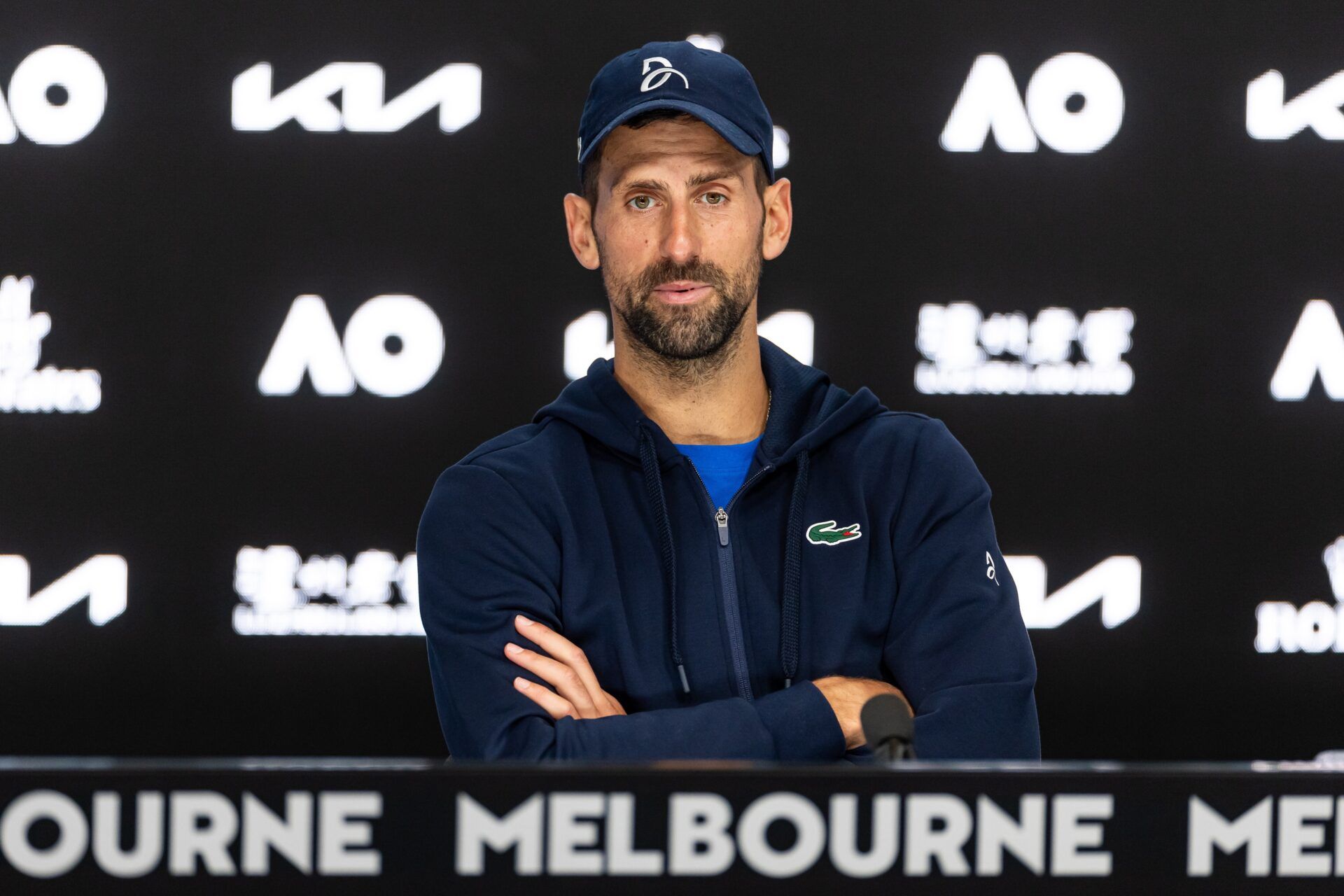 Novak Djokovic of Serbia interview after his match against Alexander Zverev of Germany in the semifinals of the men's singles at the 2025 Australian Open at Melbourne Park.