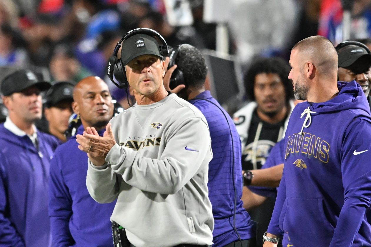 Baltimore Ravens head coach John Harbaugh looks on during the third quarter against the Buffalo Bills at Highmark Stadium.